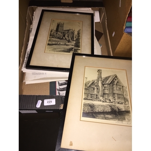 229 - 2 signed etchings of Worcester and various artisis materials/books