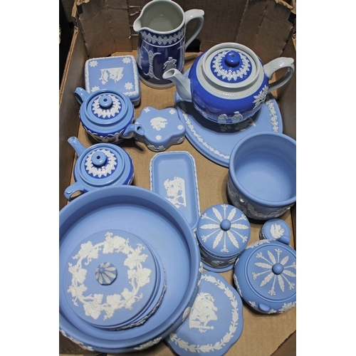 273 - A box of Wedgwood, mainly Jasper ware, including teapots, approximately 15 pieces.