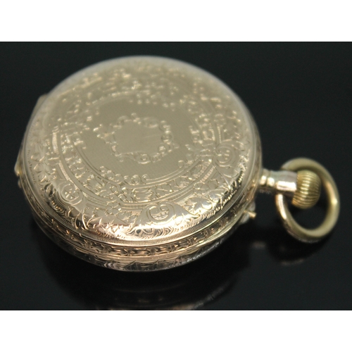 112 - An early 20th century 14ct gold ladies pocket watch having white enamel dial with Roman numerals and... 