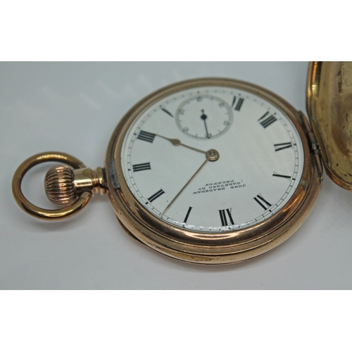 113 - A 1904 gold plated Waltham Traveller full hunter pocket watch having white enamel dial signed 'John ... 