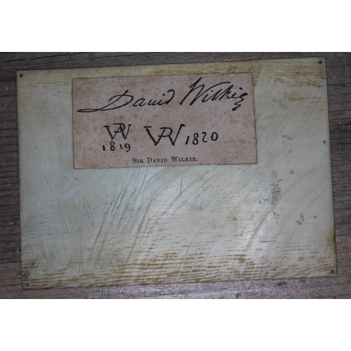 312 - After David Wilkie, interior, engraved ivory panel, 12cm x 8.5cm, bearing signature and label verso.