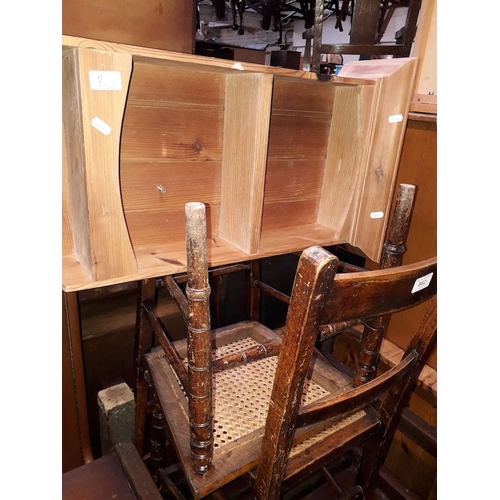 862 - A pair of bergere chairs and pine wall mounting shelves