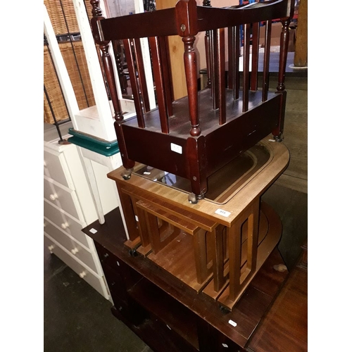 915 - A reproduction Canterbury whatnot, two retro stools, a teak veneered glass topped nest of tables and... 