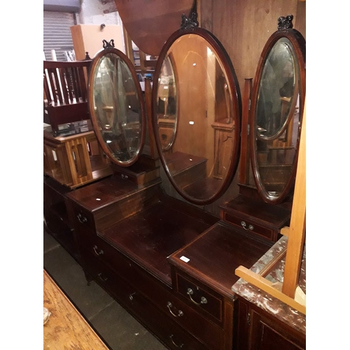 916 - An Edwardian inlaid mahogany triple mirror dressing table.