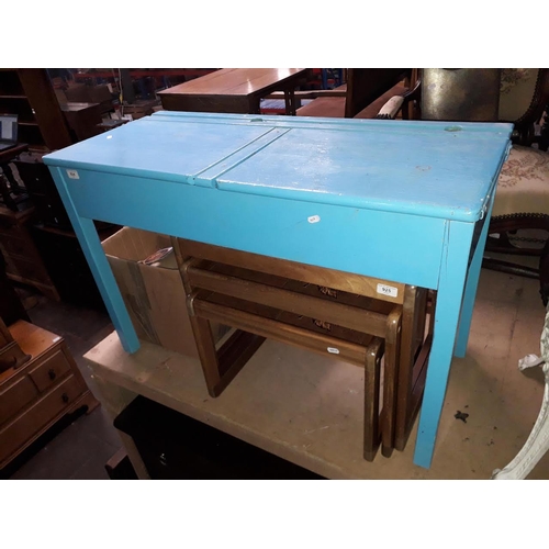 924 - A children's double school desk painted blue.