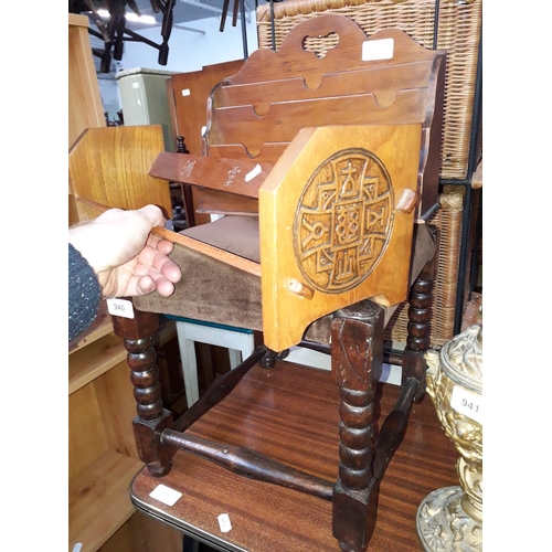 940 - A book rack, small cushion topped oak stool and a letter rack