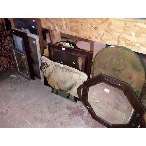 1061 - A mixed lot of prints, a 2D painted wooden sheep, a bagatelle board, a 1920s oak framed mirror, a pr... 