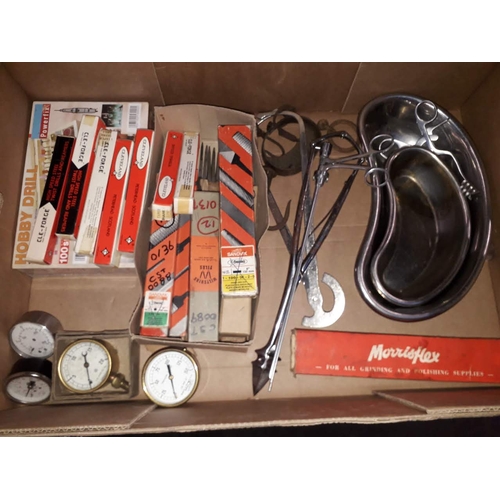 1069 - A box of tools including boxed files, gauges, scales, medical instruments etc.