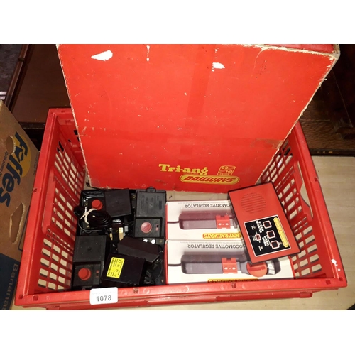 1078 - A box of Triang/Hornby model train accessories, including Loco regulators, train controllers, and pa... 