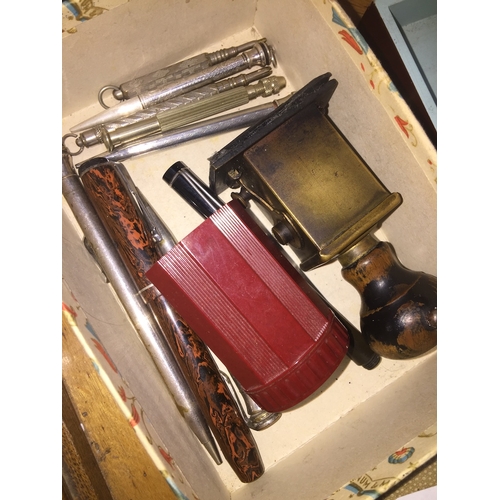 662 - A vintage Chief Constable;s office desk stamp, bakelite sharpener, chatelaine pencils and pen