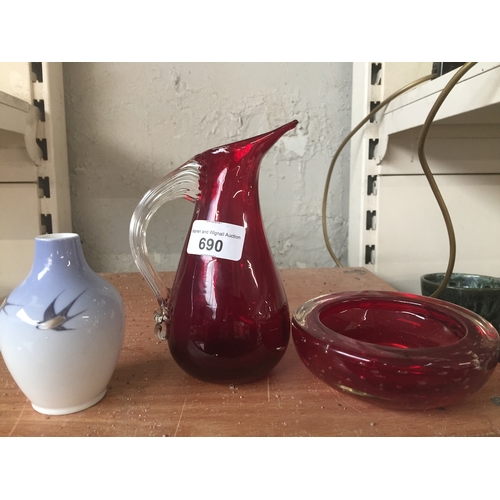 690 - Two pieces of red Whitefriars glass and a small Royal Copenhagen vase