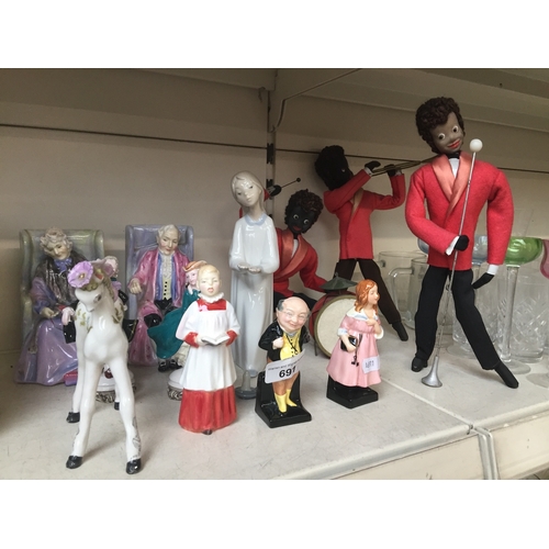 691 - Small Royal doulton figures, Darby and Joan figures (one cracked) and other figures inc. a cloth ban... 