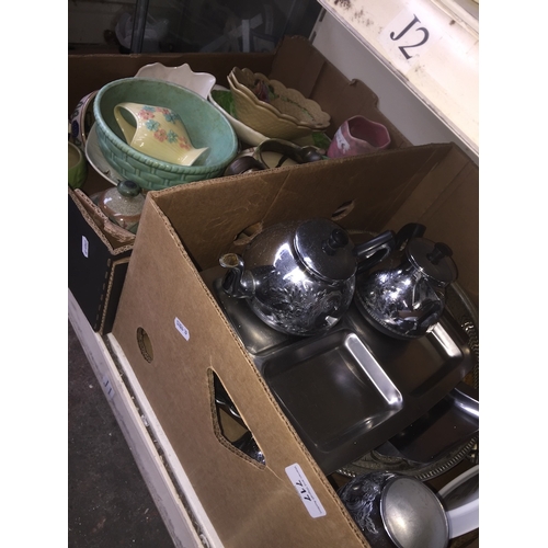 717 - A box of containing mostly Shorter & son pottery and a box of various metalware