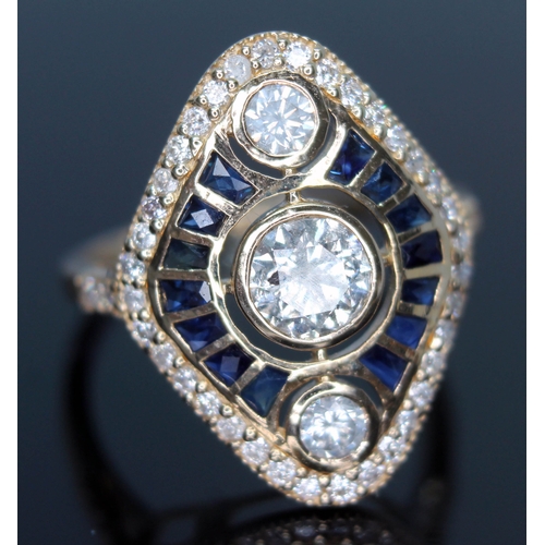 140 - A diamond and sapphire cluster ring, the central bezel set modern round brilliant cut stone weighing... 