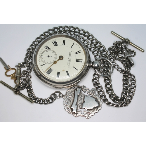 101 - A late Victorian hallmarked silver pocket watch together with a hallmarked silver Albert chain with ... 