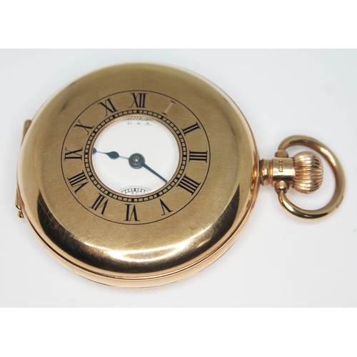 102 - A hallmarked 9ct gold Waltham half hunter pocket watch, circa 1919 with white enamel dial, Roman num... 