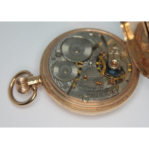 102 - A hallmarked 9ct gold Waltham half hunter pocket watch, circa 1919 with white enamel dial, Roman num... 