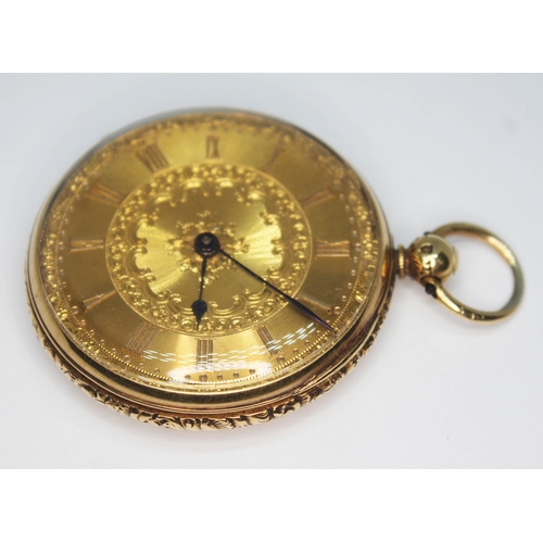 103 - A 19th century hallmarked 18ct gold open face pocket watch, having foliate engraved dial and case, R... 