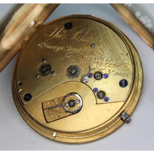 103 - A 19th century hallmarked 18ct gold open face pocket watch, having foliate engraved dial and case, R... 