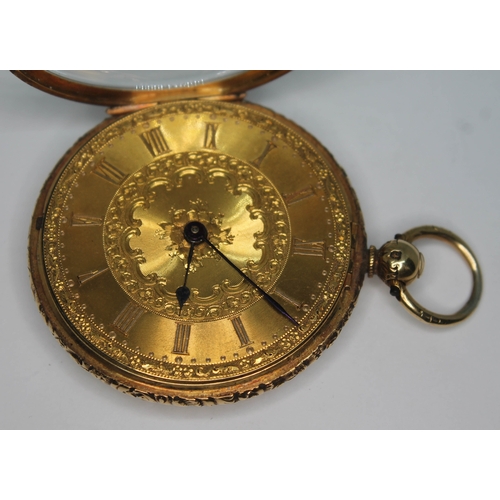 103 - A 19th century hallmarked 18ct gold open face pocket watch, having foliate engraved dial and case, R... 