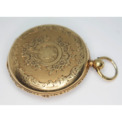 103 - A 19th century hallmarked 18ct gold open face pocket watch, having foliate engraved dial and case, R... 