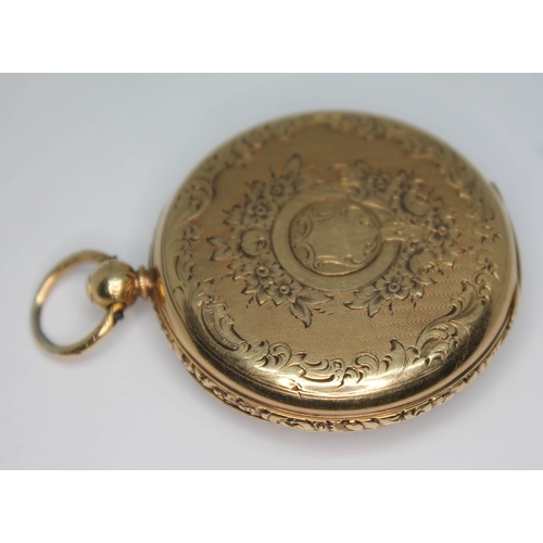 103 - A 19th century hallmarked 18ct gold open face pocket watch, having foliate engraved dial and case, R... 