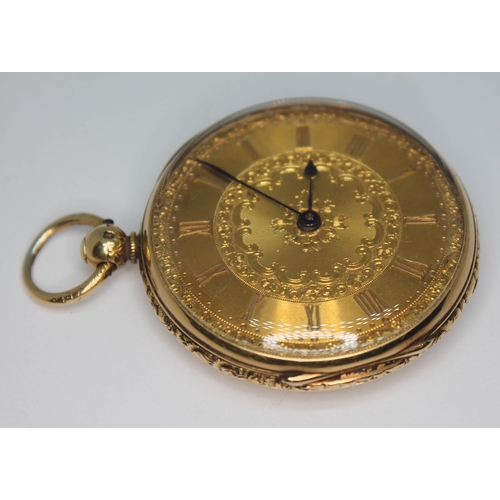 103 - A 19th century hallmarked 18ct gold open face pocket watch, having foliate engraved dial and case, R... 