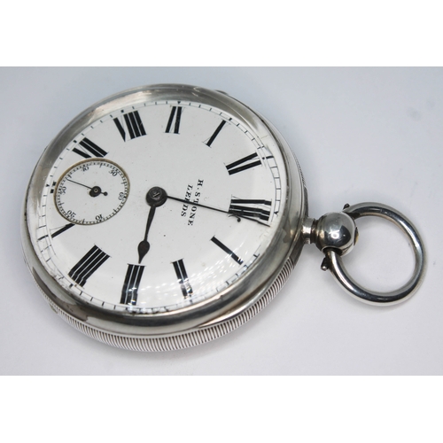 104 - A late Victorian hallmarked silver pocket watch, the white enamel dial signed H. Stone Leeds, the gi... 