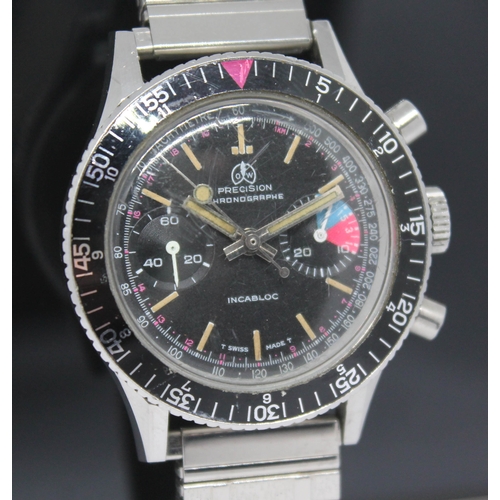 108 - A vintage stainless steel Ollech & Wajs Precision Chronographe wristwatch, ref. 2957, the signed bla... 