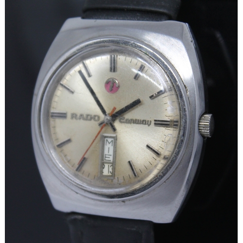 109 - A vintage stainless steel Rado Conway automatic wristwatch with signed champagne dial, red center sw... 