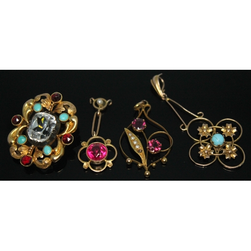 118 - A mixed lot comprising a Victorian yellow metal brooch set with turquoise, red and colourless paste,... 