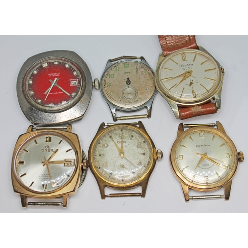 247 - A collection of six vintage mechanical wristwatches for spares and repairs, makes including Oris, In... 