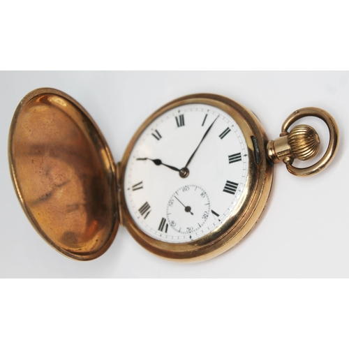 269 - An early 20th century Swiss made gold plated full hunter pocket watch with unsigned white enamel dia... 