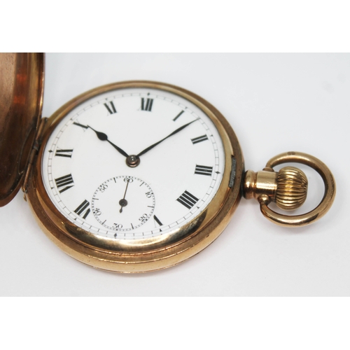 269 - An early 20th century Swiss made gold plated full hunter pocket watch with unsigned white enamel dia... 