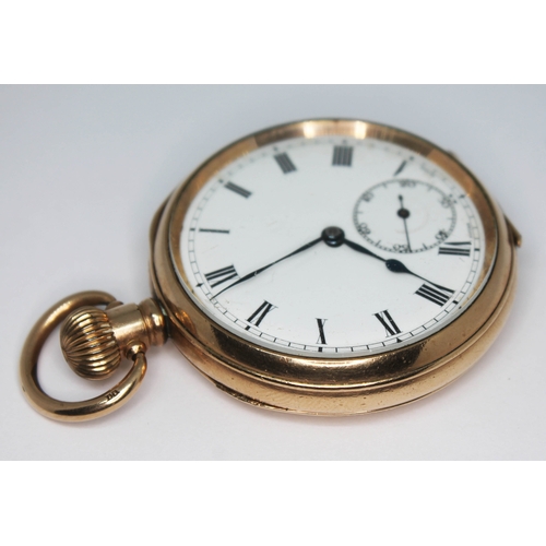 270 - An early 20th century gold plated pocket watch with white enamel unsigned dial having Roman numerals... 