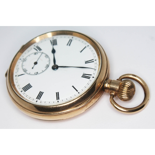 270 - An early 20th century gold plated pocket watch with white enamel unsigned dial having Roman numerals... 
