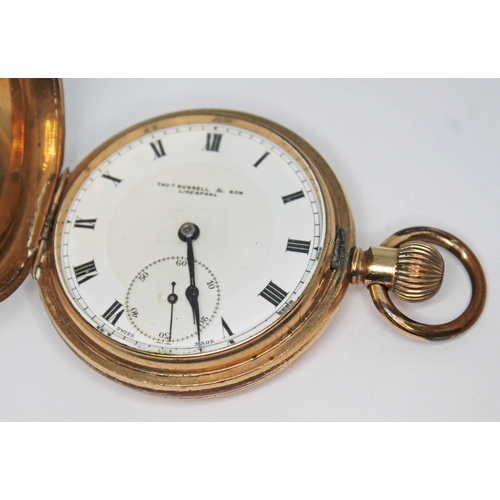 271 - An early 20th century Thomas Russell & Son gold plated full hunter pocket watch, the signed white en... 