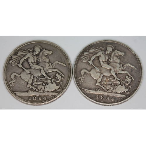 279 - Two Victoria old head crowns 1894