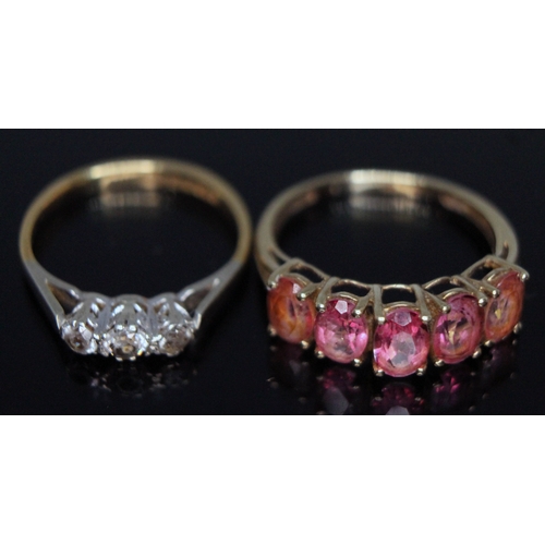 288 - A hallmarked 18ct gold ring set with colourless stones and a ring set with five pink tourmalines ind... 