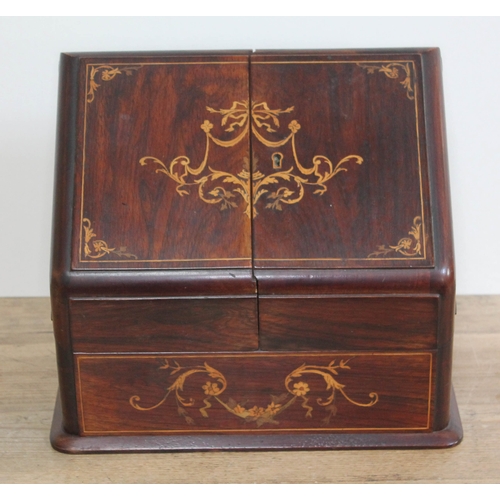 29 - An inlaid rosewood stationary box circa 1900, width 30cm, depth 17.5cm & height 24.5cm.