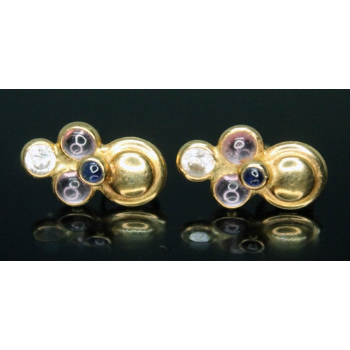 293 - A pair of Italian earrings set with blue and pink sapphire cabochons and colourless stones, marked '... 
