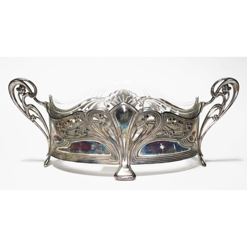 325 - A WMF Art Nouveau silver plated twin handled basket with etched glass liner, length 31.5cm.