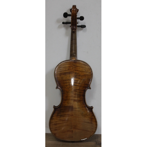 54 - A violin with two piece back, length 356mm, bearing indistinct interior label, with hard case and tw... 
