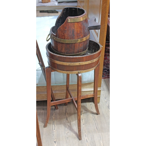 74 - A brass bound oak jardiniere by Lister on stand together with a similar coal scuttle.