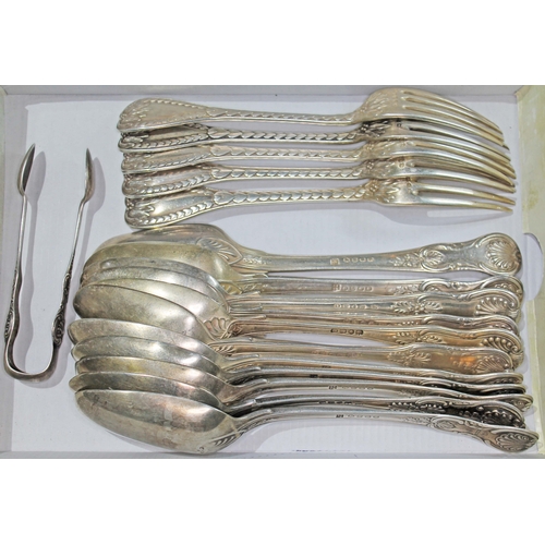 97 - Silver flatware comprising a set of six George III desert spoons, William Eley & William Fearn, Lond... 