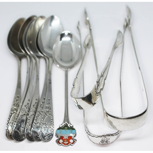 98 - Hallmarked silver comprising three pairs of sugar tongs, a set of six spoons and another, Georgian a... 