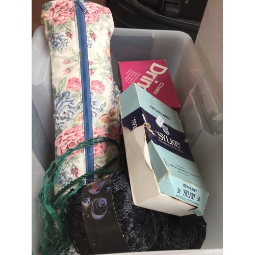 230 - A box of haberdashery, cotton bobbins, rolls of wool and a bag of knitting needles.