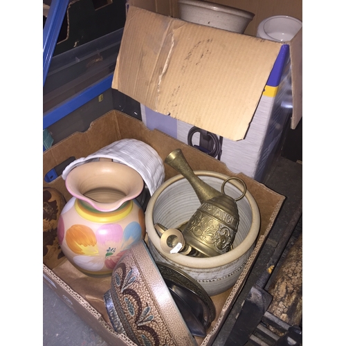 258 - 2 boxes of planters, glassware, brass bell, etc.