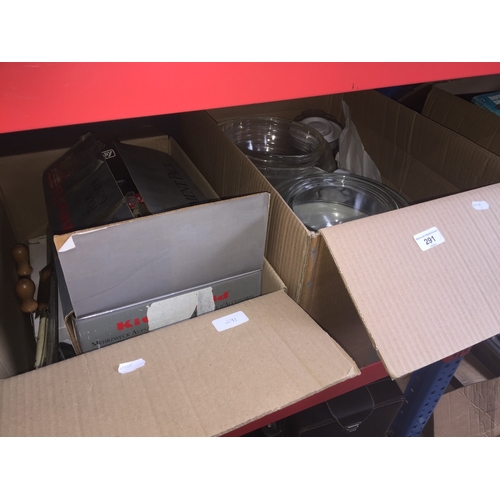 291 - 2 boxes of kitchenware, Pyrexware, cutlery, etc