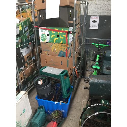 327 - A cage full of planters, garden pots and bonsai planters + kneeler, metal hanging baskets, pots, etc... 